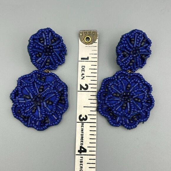 Blue Beaded Dangle Floral Flower Piereced Ears Earrings - Picture 7 of 7